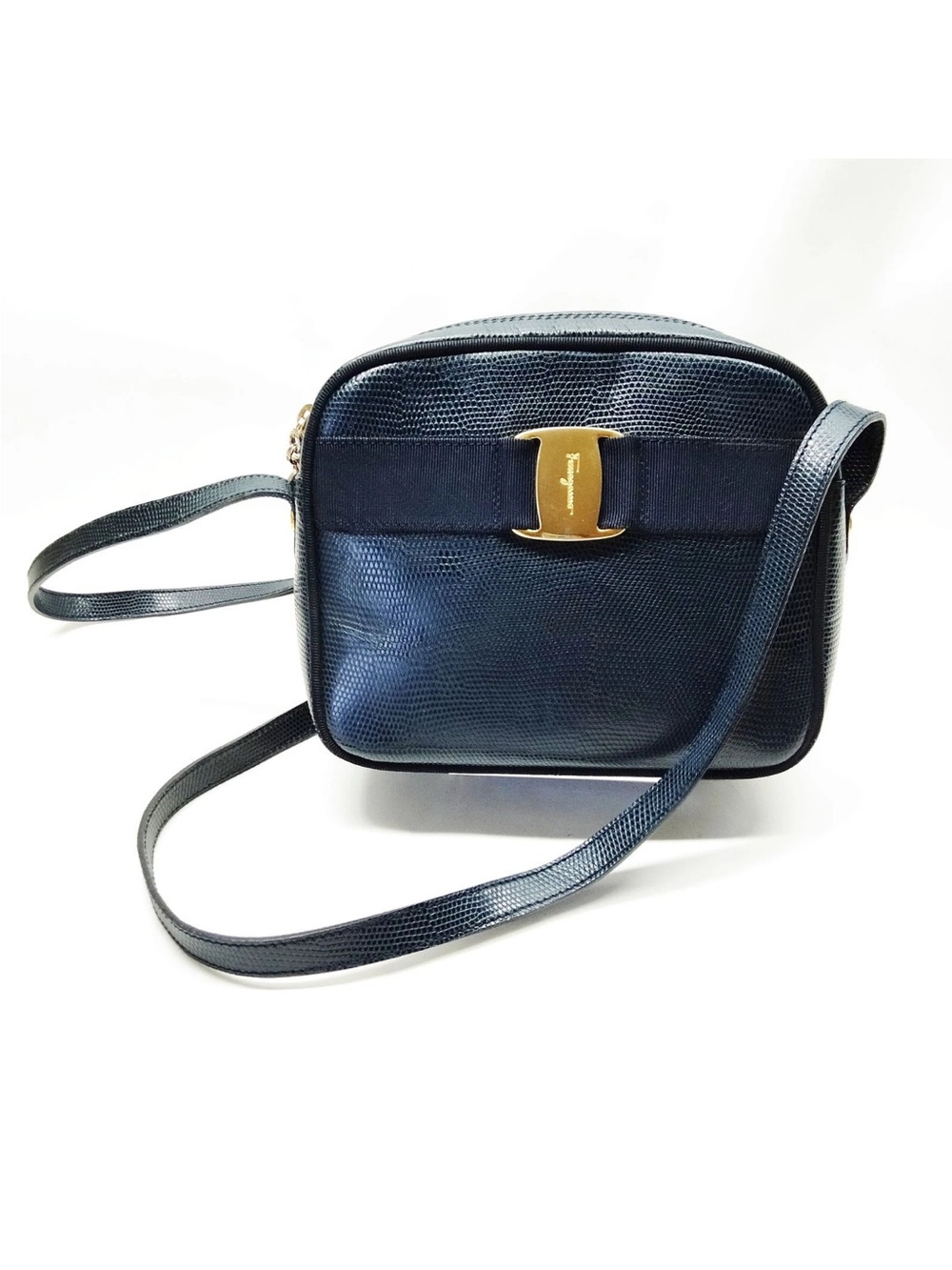 Salvatore Ferragamo Navy Textured Leather Camera Bag with Gold Hardware.